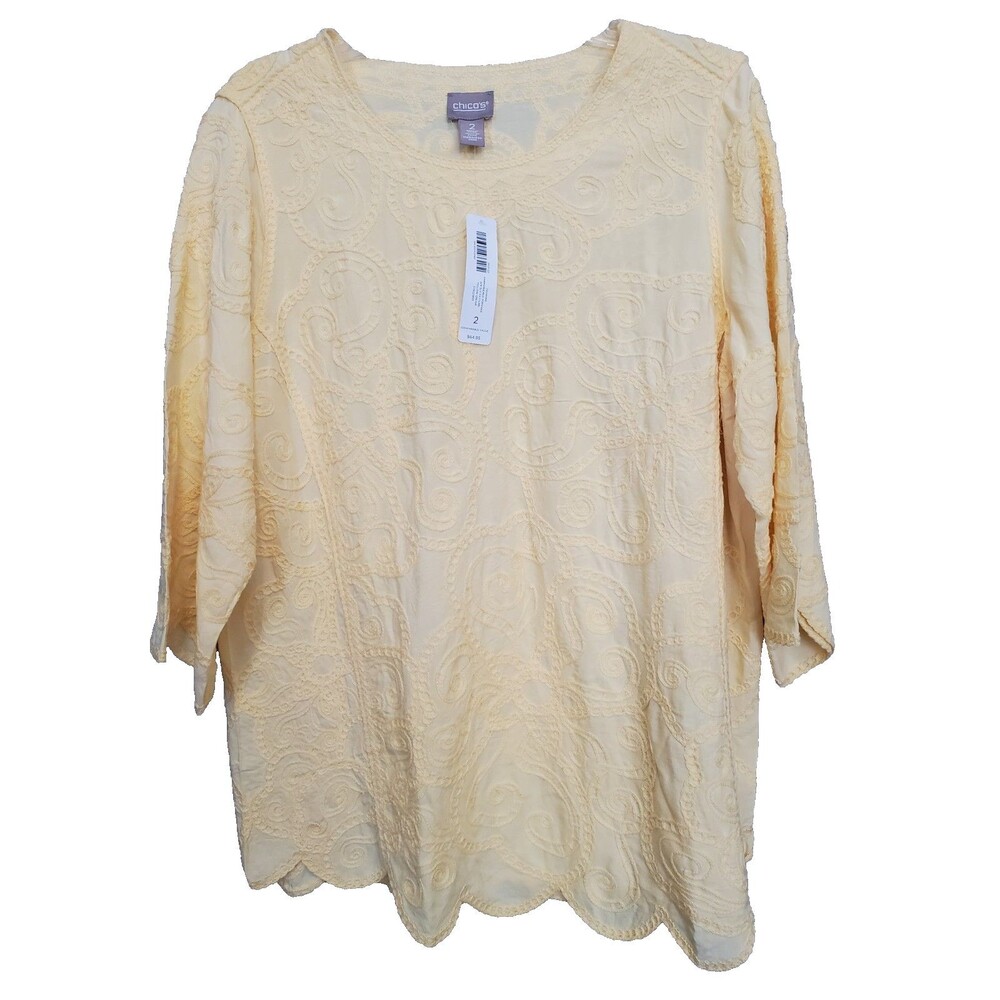 Chico's Yellow Embroidered Scalloped Hem 3/4 Sleeve Blouse Size 2 Large NWT